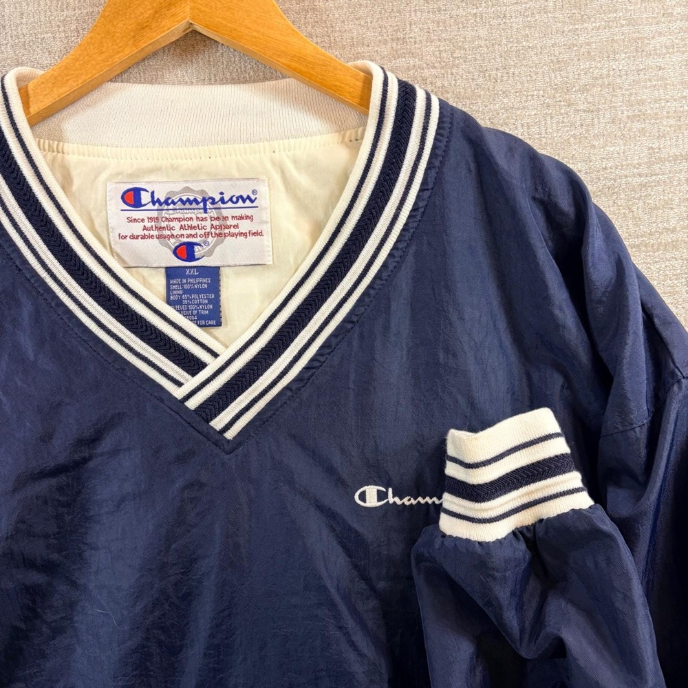 True Vintage 80s 90s Champion Pullover Varsity Jacket Navy Blue‎ V Neck XXL